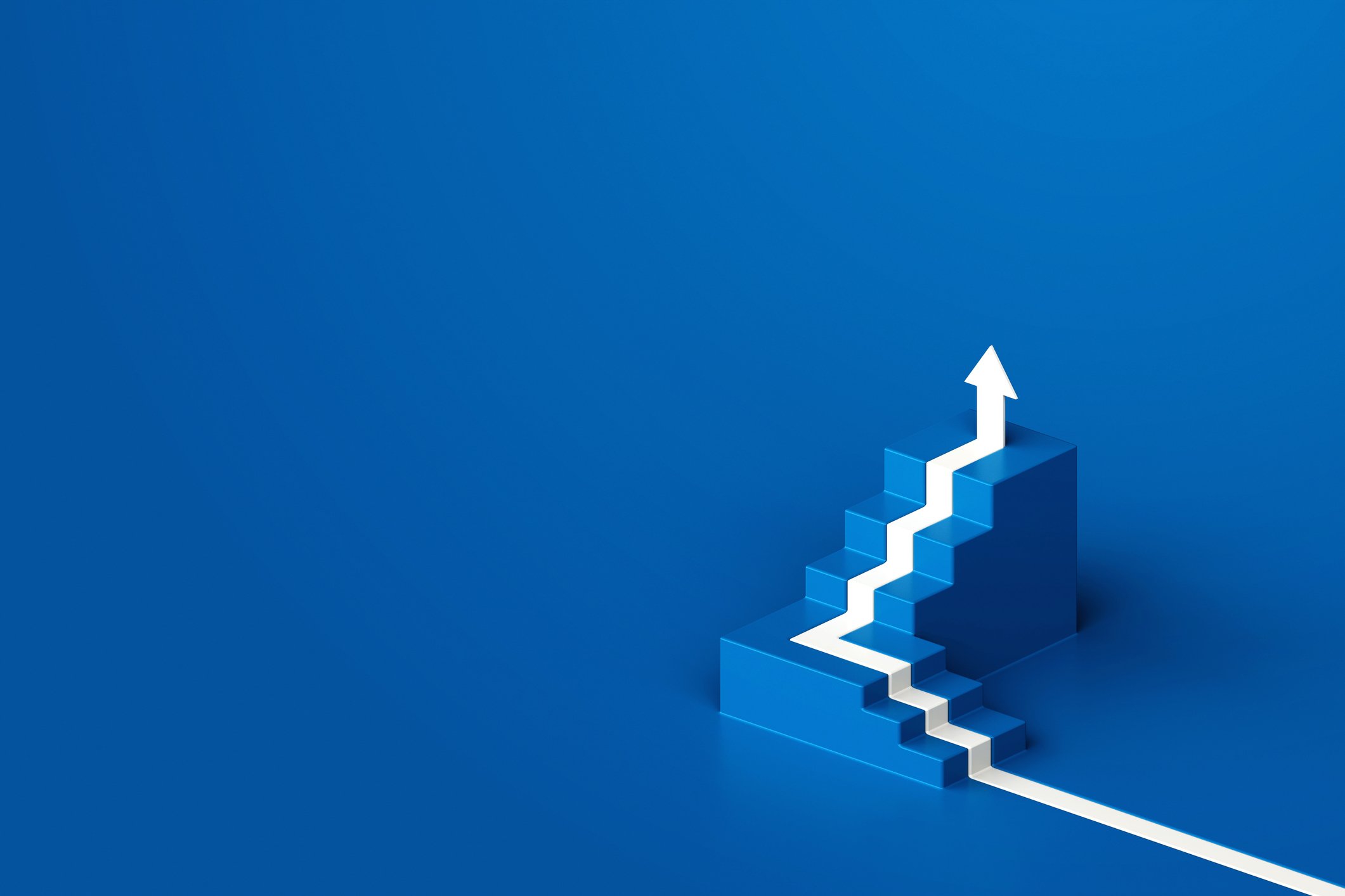 An arrow incrementally going up stairs before pointing straight up Blue background 