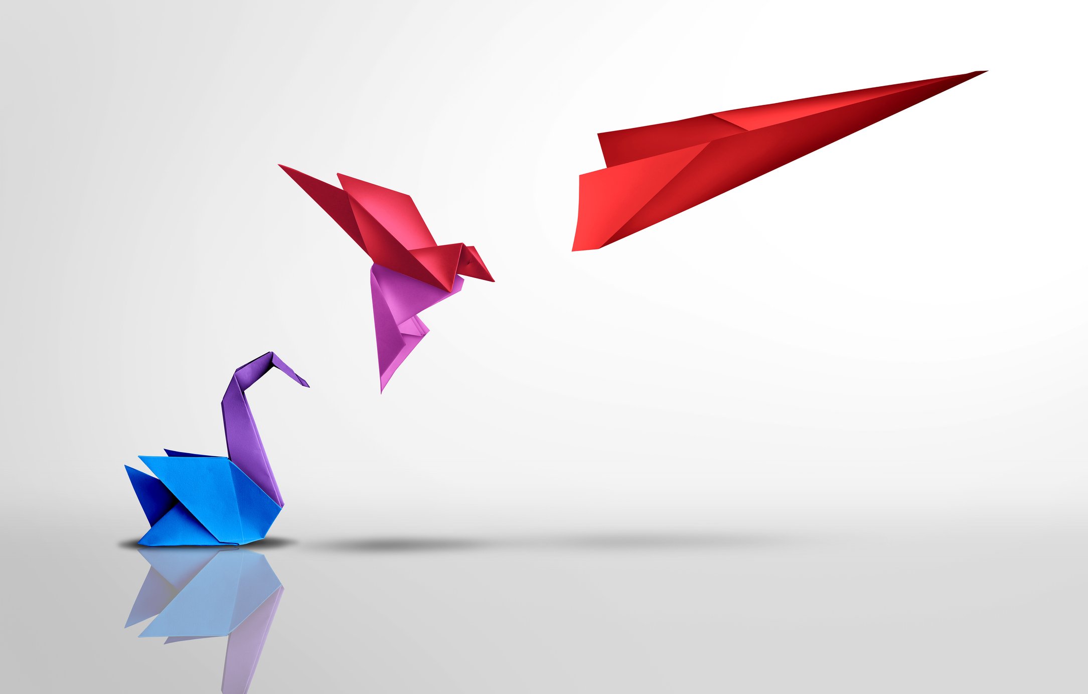 Graphic depicting transformation showing a paper swan then a paper hummingbird then a paper plane