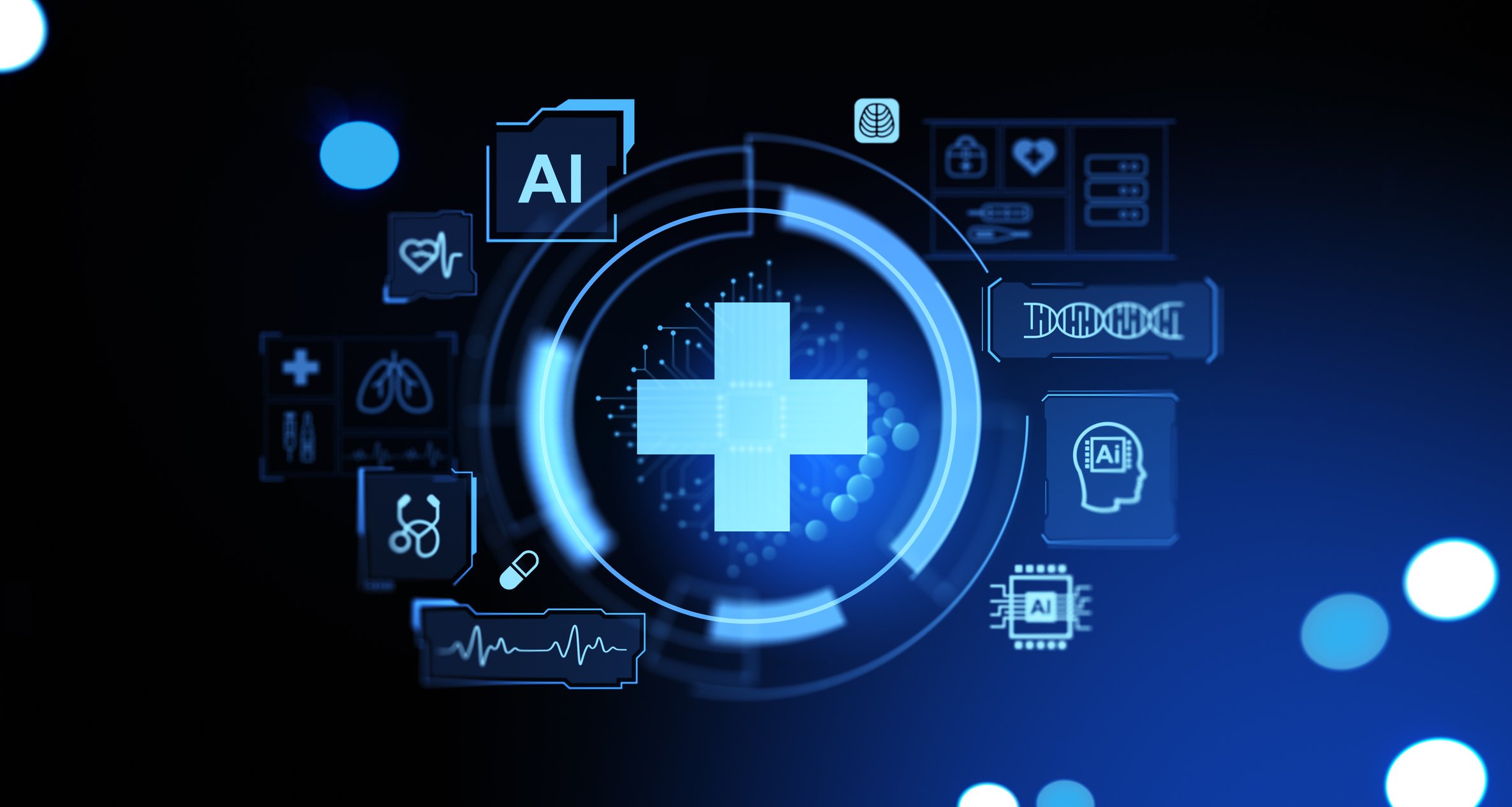 Large cross and glowing medical icons hologram Concept of artificial intelligence in health care
