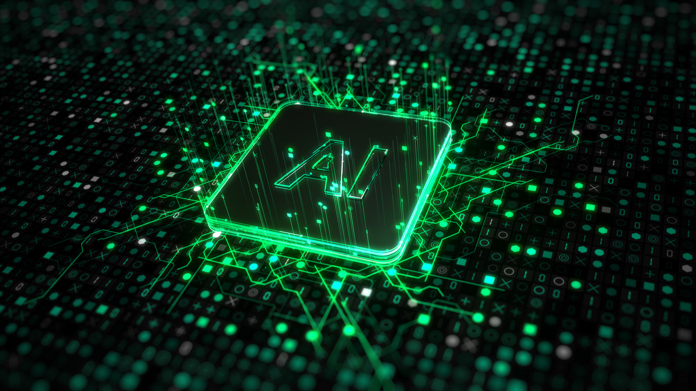 AI chatbot and machine learning technology with artificial intelligence and robot icon concepts on abstract background