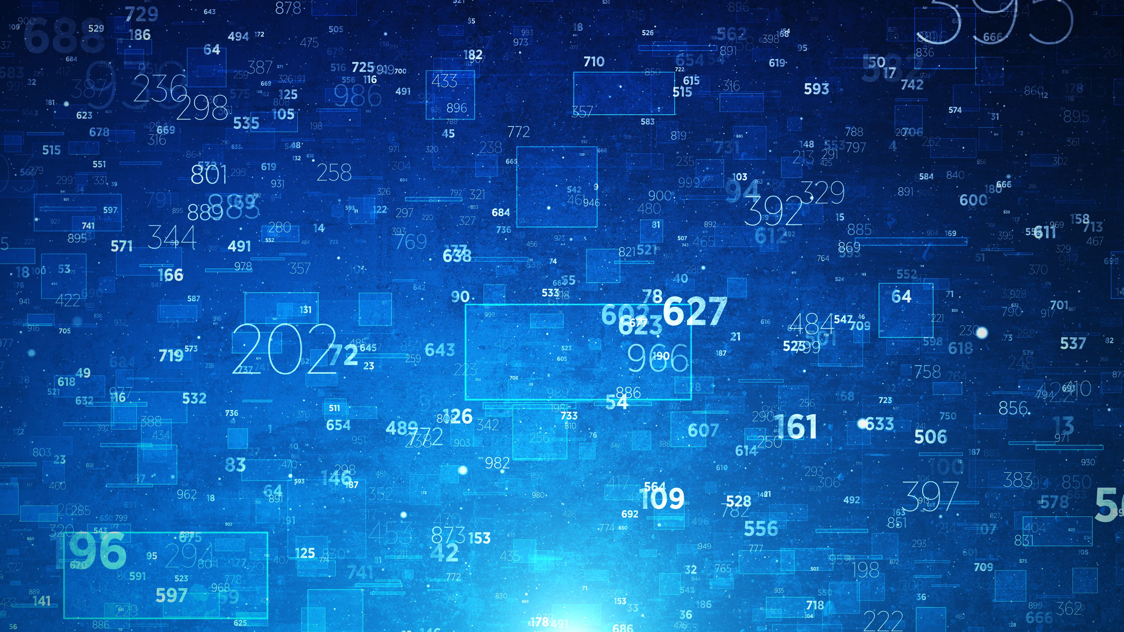 Numbers and boxes floating on a blue digital background