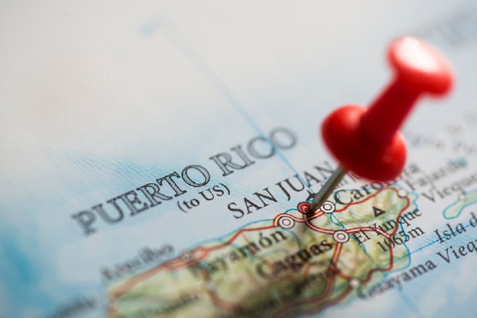 A map of Puerto Rico with a pin in San Juan