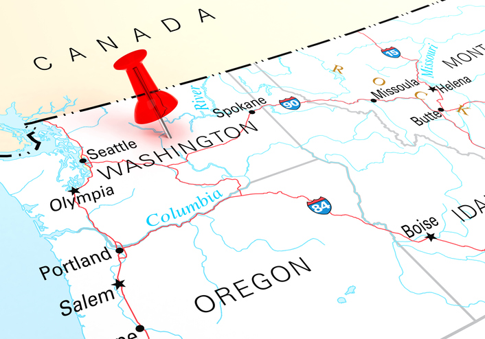 A map with a pin in the state of Washington