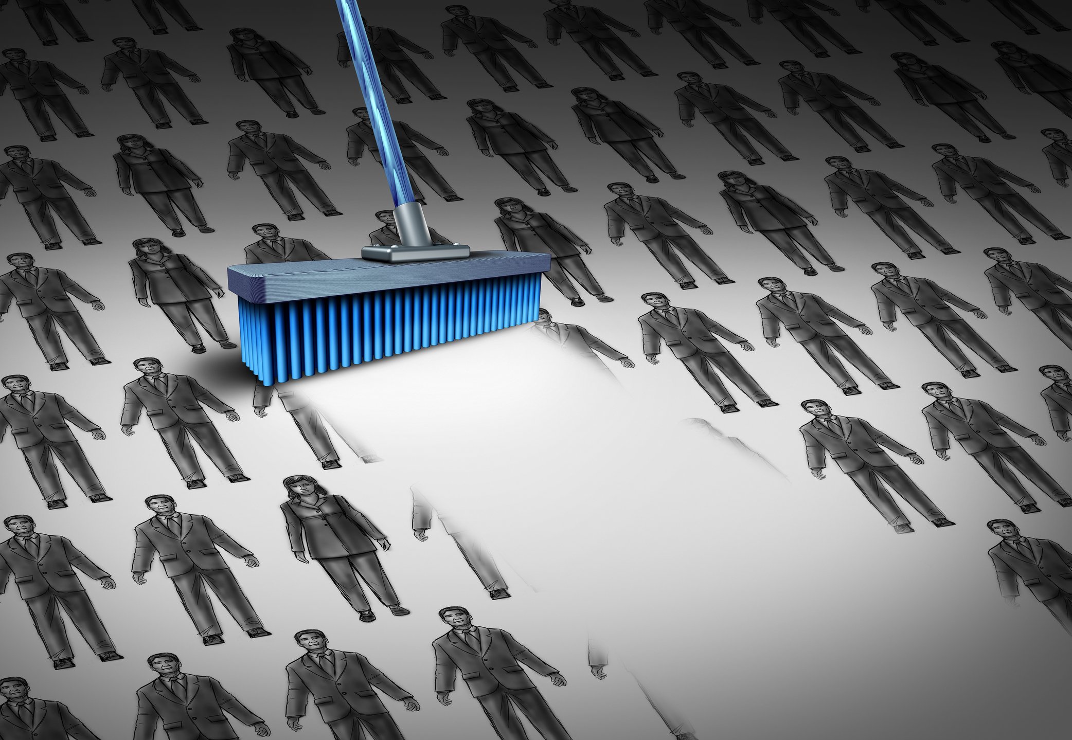 Graphic of a broom sweeping up employees