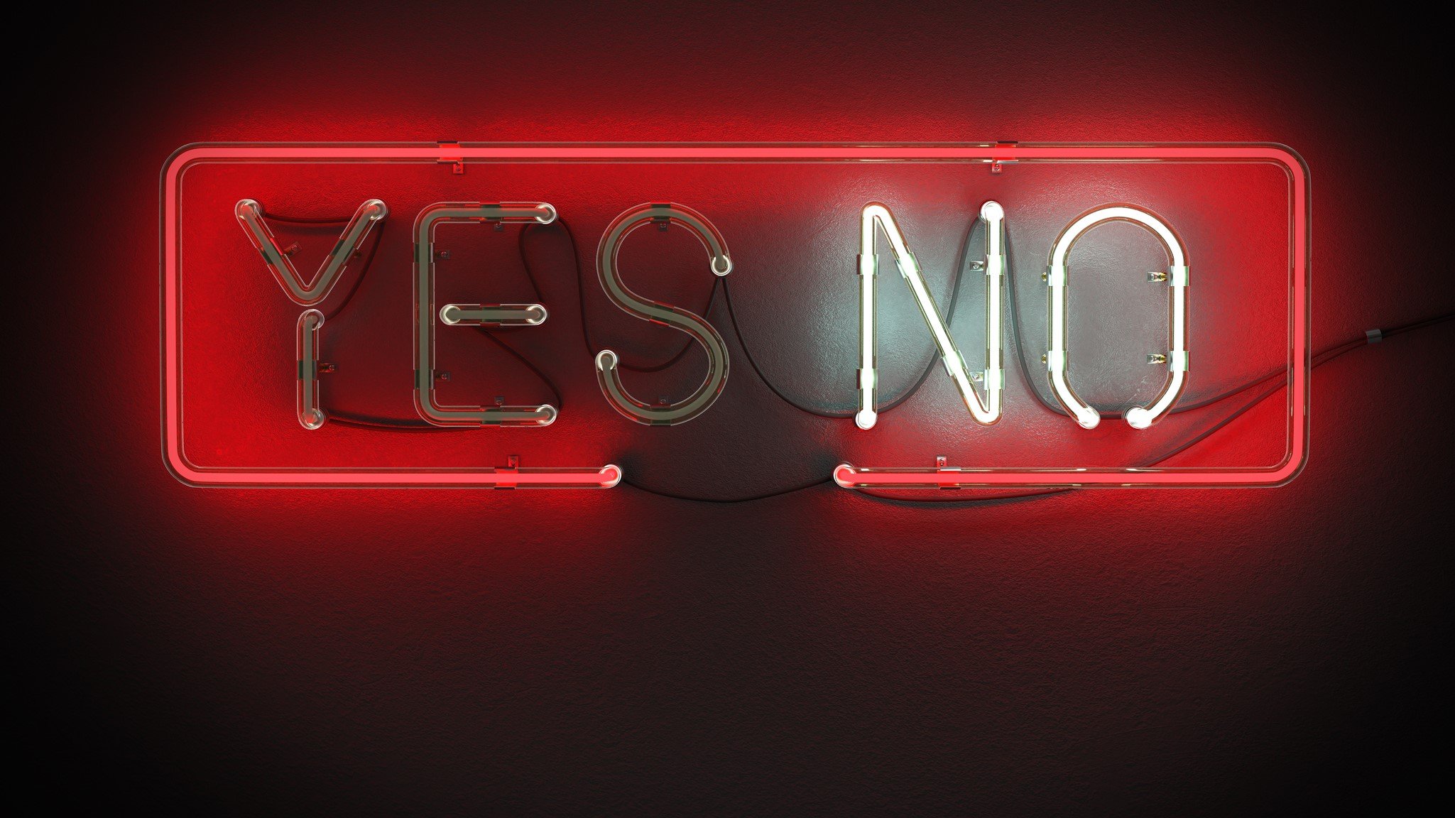 Image of a neon sign with the word no lit up next to an unlit yes 