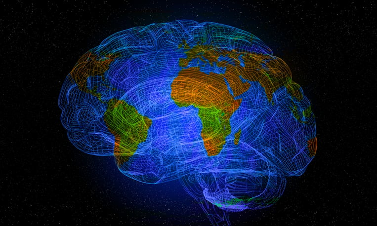 A wireframe of a human brain with a map of the world superimposed on top 