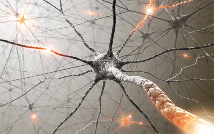 An artists illustration of a neuron with electrical pulses used here to illustrate nerve conduction in neuropathy
