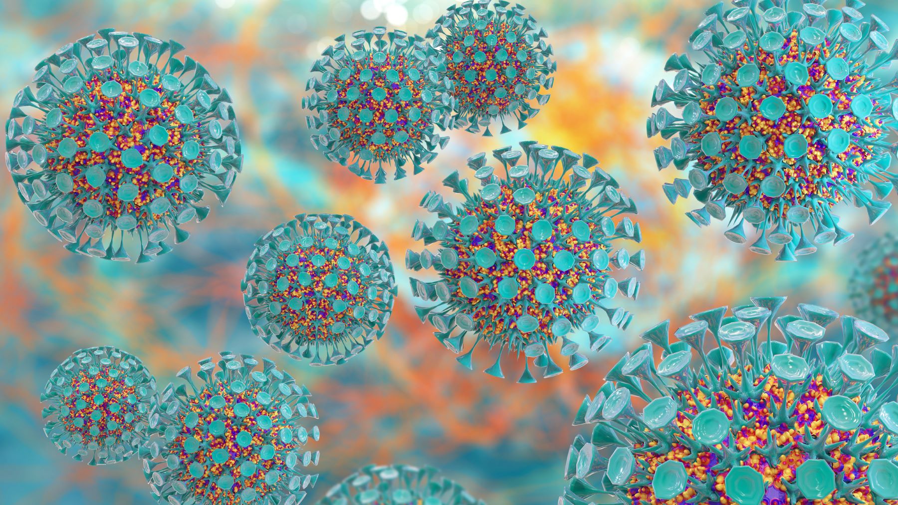 An artists impression of influenza molecules The molecules are blue and have multicolored centers 