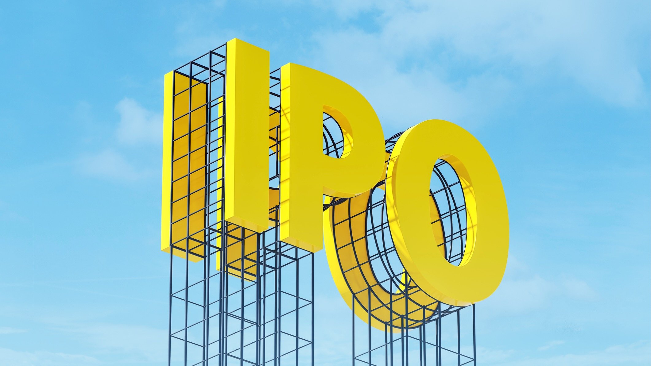 Yellow IPO sign against blue sky