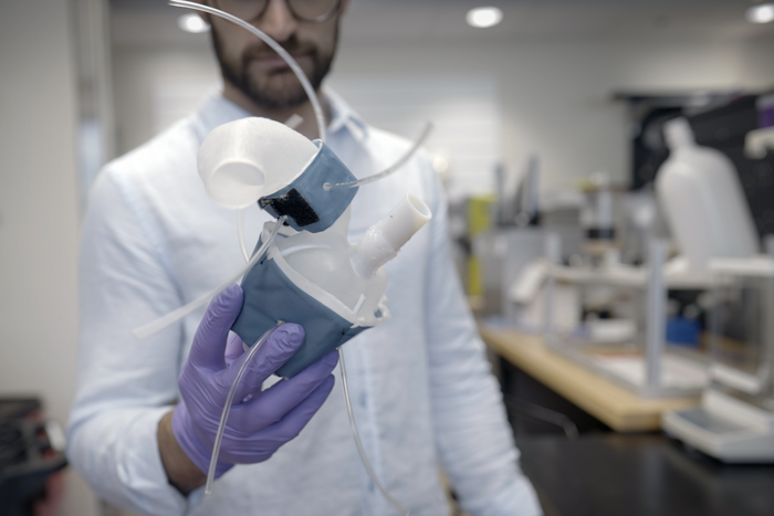 A researcher in the Roche lab at MIT shows off the labs 3D printed heart 