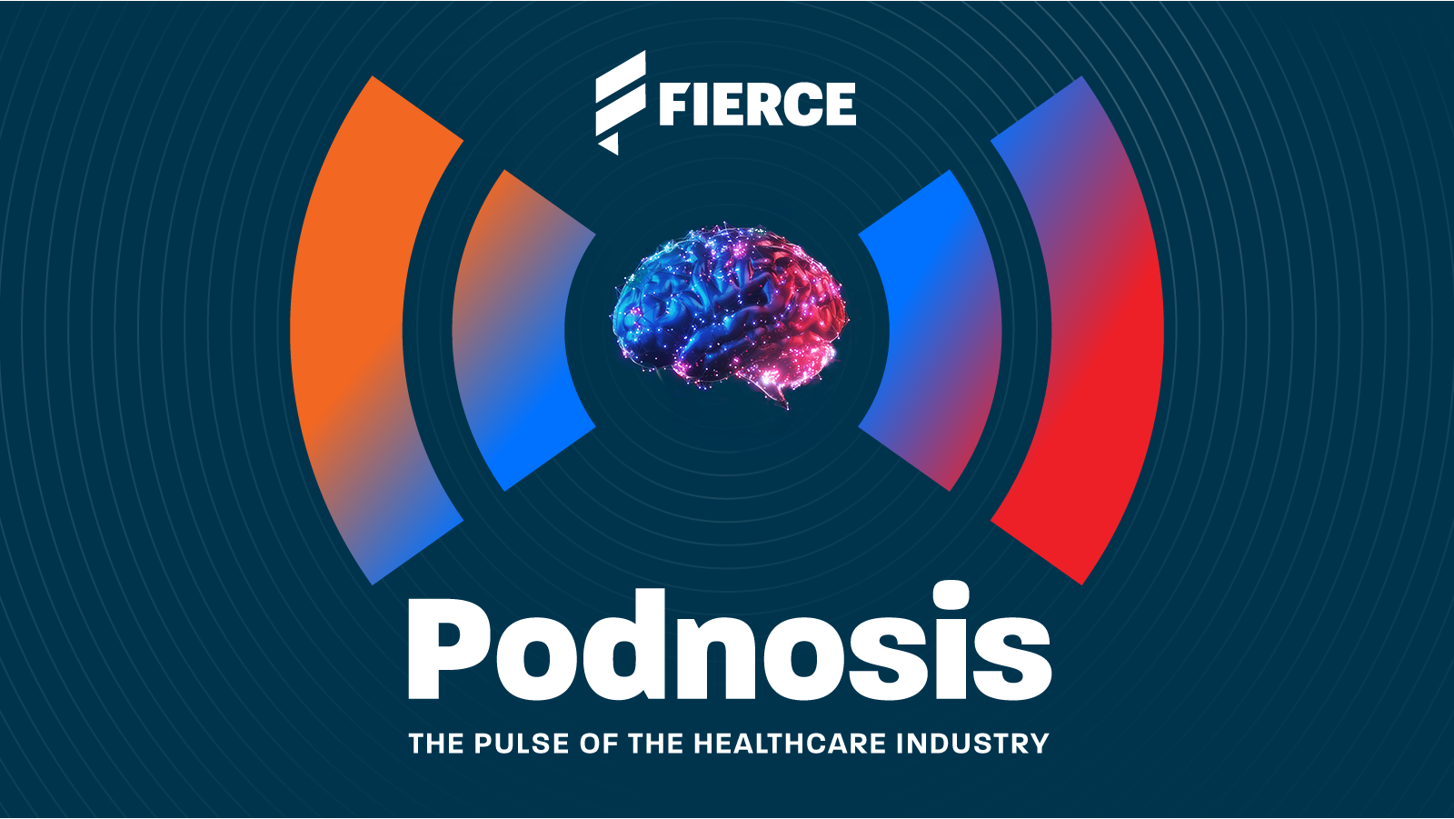 Logo for the Podnosis podcast by Fierce featuring a stylized glowing brain at the center with radiating orange blue and r