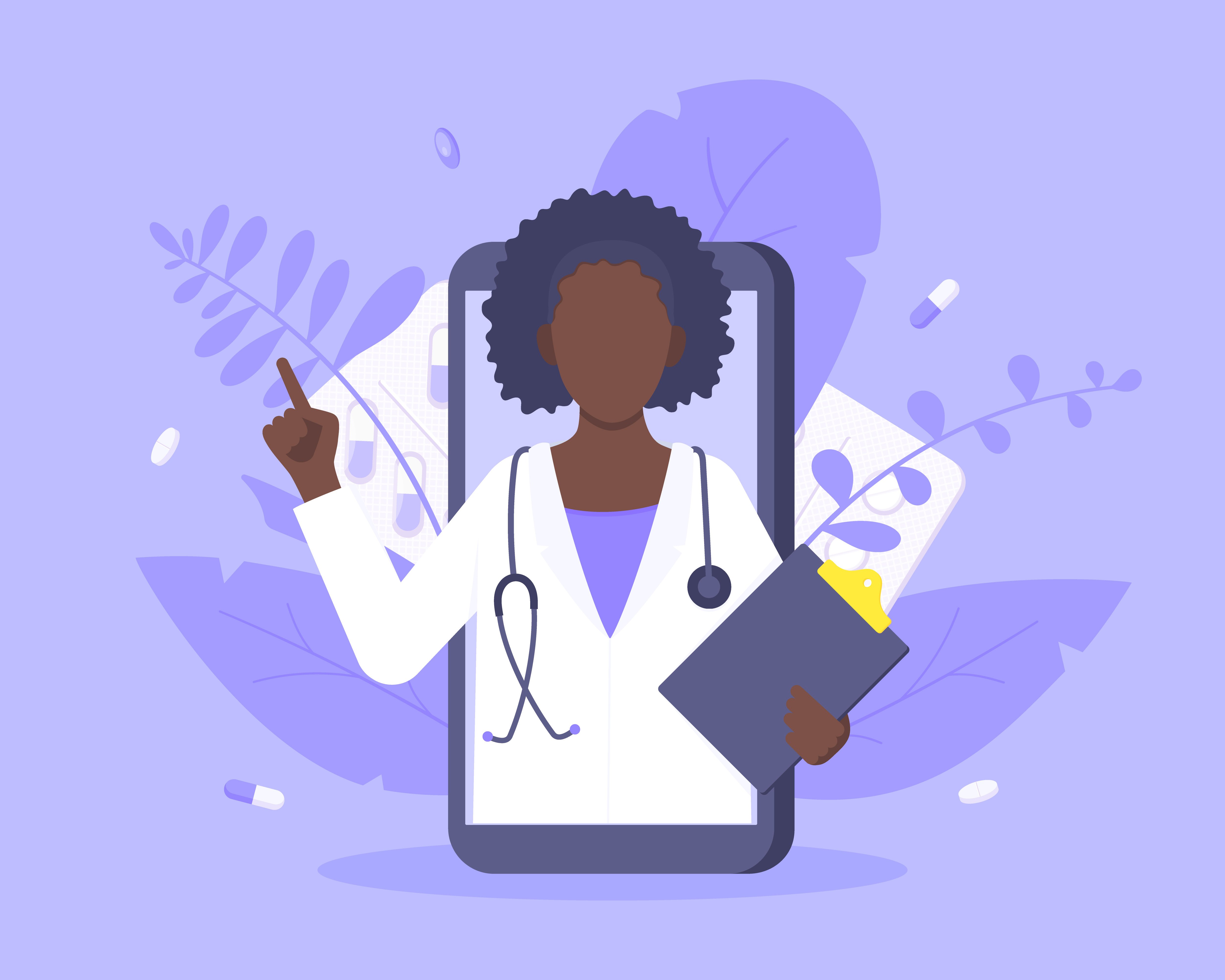 Illustration of doctor performing telehealth visit through a phone
