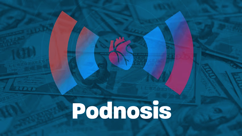 An illustration for the Podnosis podcast featuring a stylized heart icon between two broadcast signal shapes in red and blu