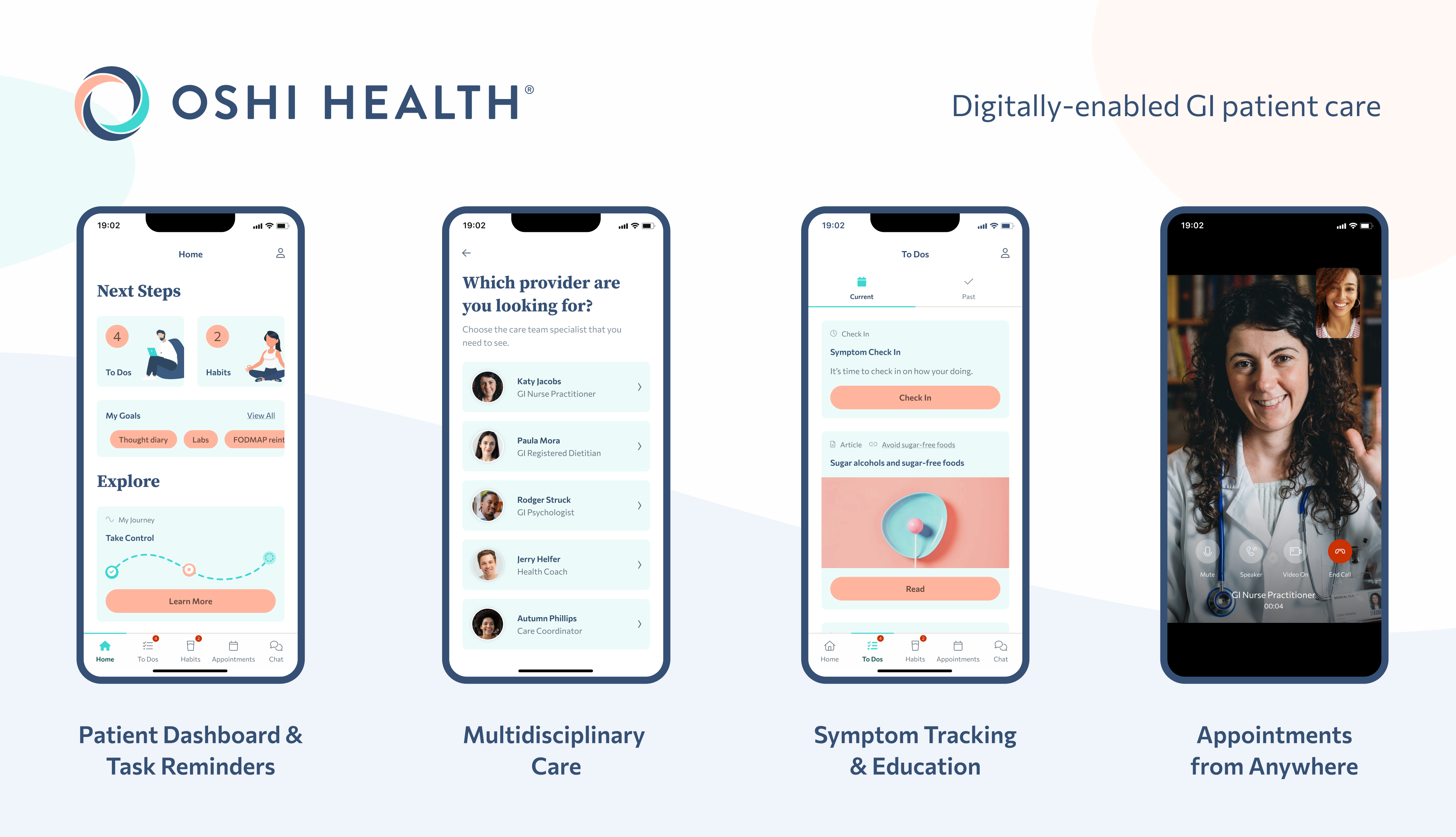 four smartphones with screenshots of Oshi Healths app