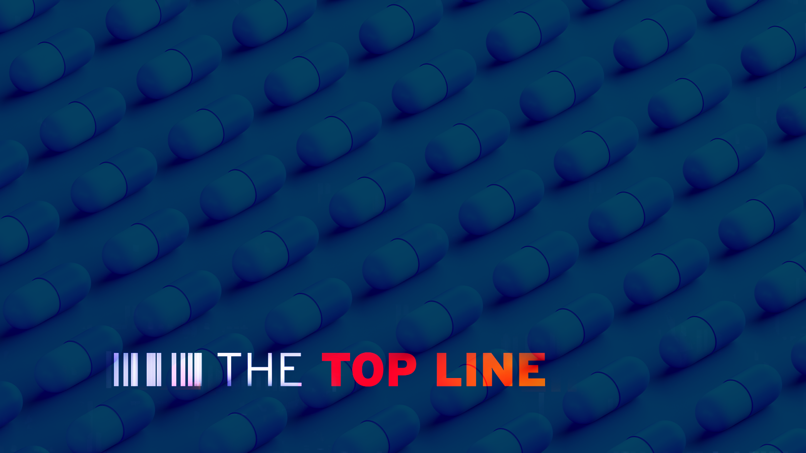 A dark blue background featuring a diagonal pattern of 3D pill capsules with the logo The Top Line in the foreground The 