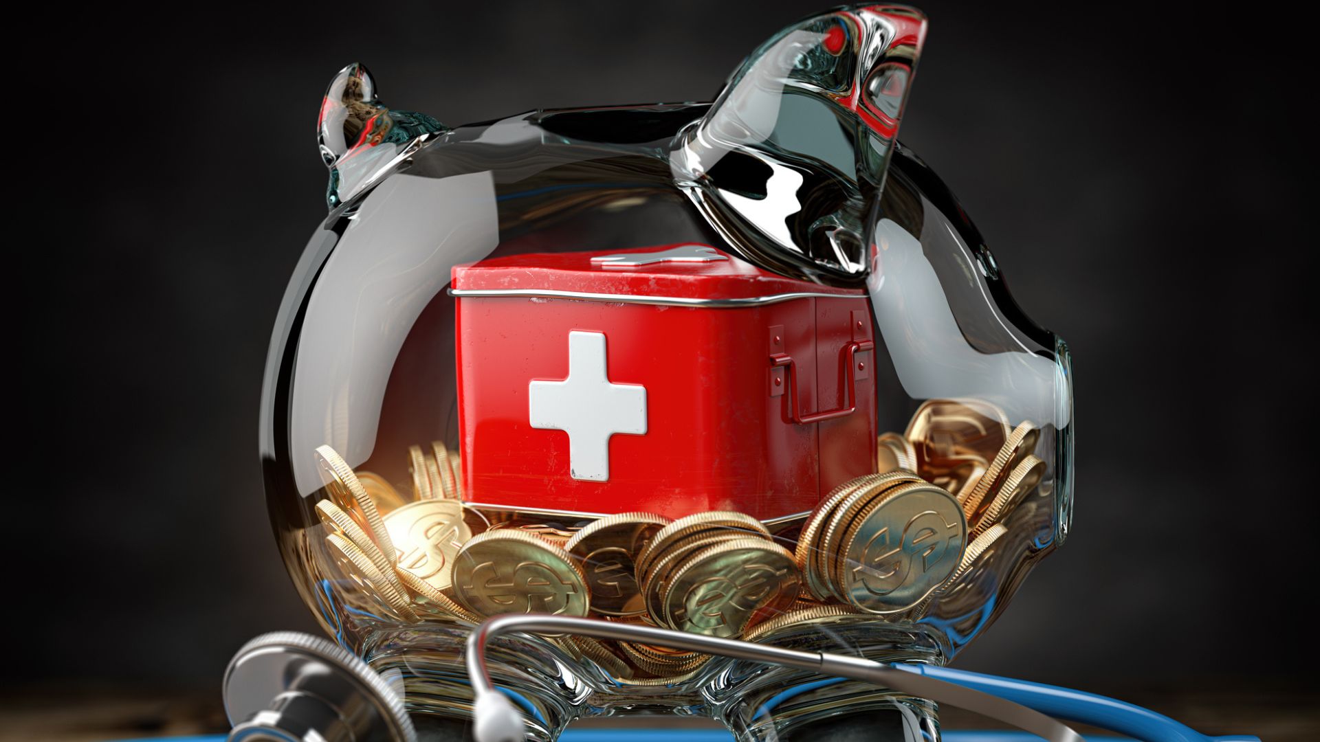 A photo of a clear piggy bank with healthcare symbolism