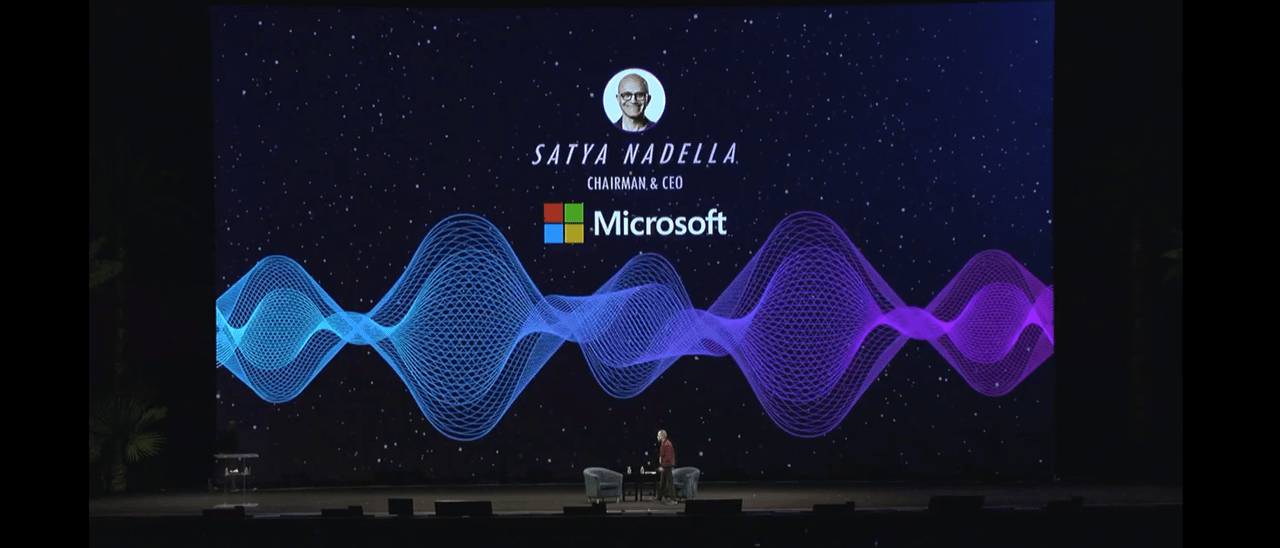 Microsoft CEO Satya Nadella on stage with Epic executive