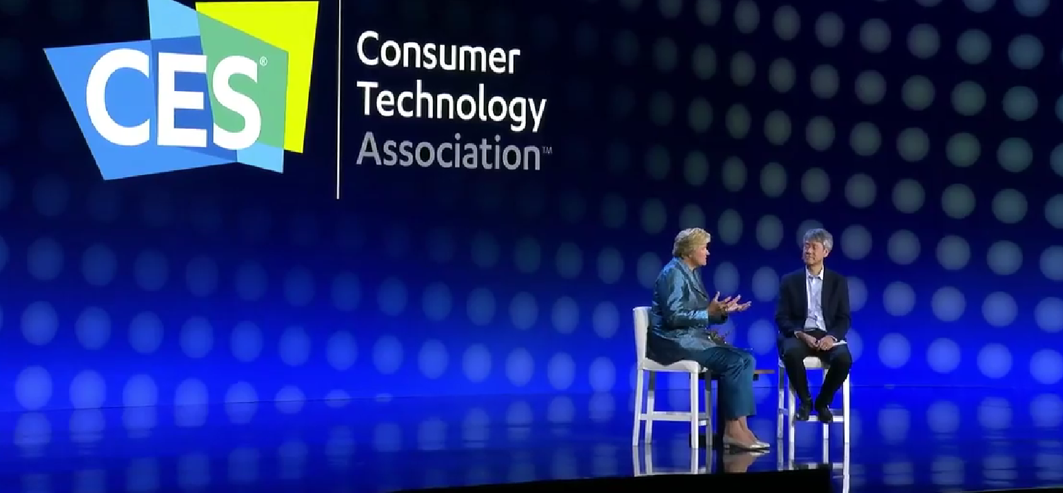 Elevance CEO Gail Boudreaux at CES on stage with Microsoft executive Peter Lee