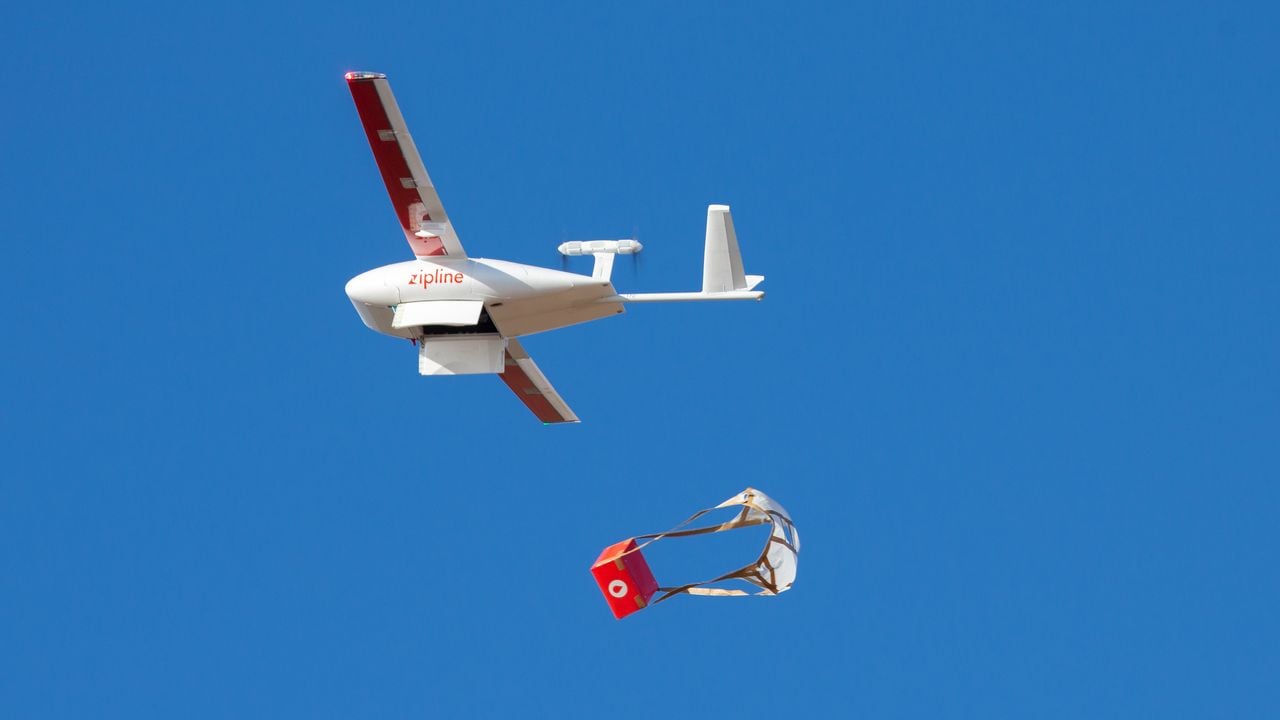 Zipline drone making delivery