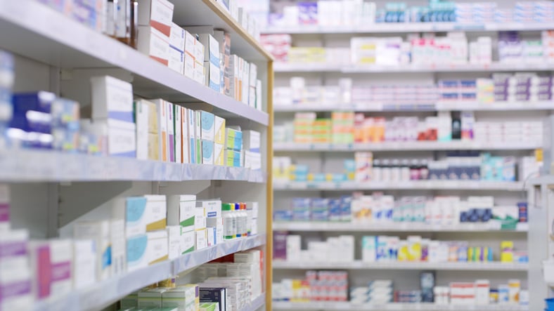 Drugs on the shelves at a pharmacy