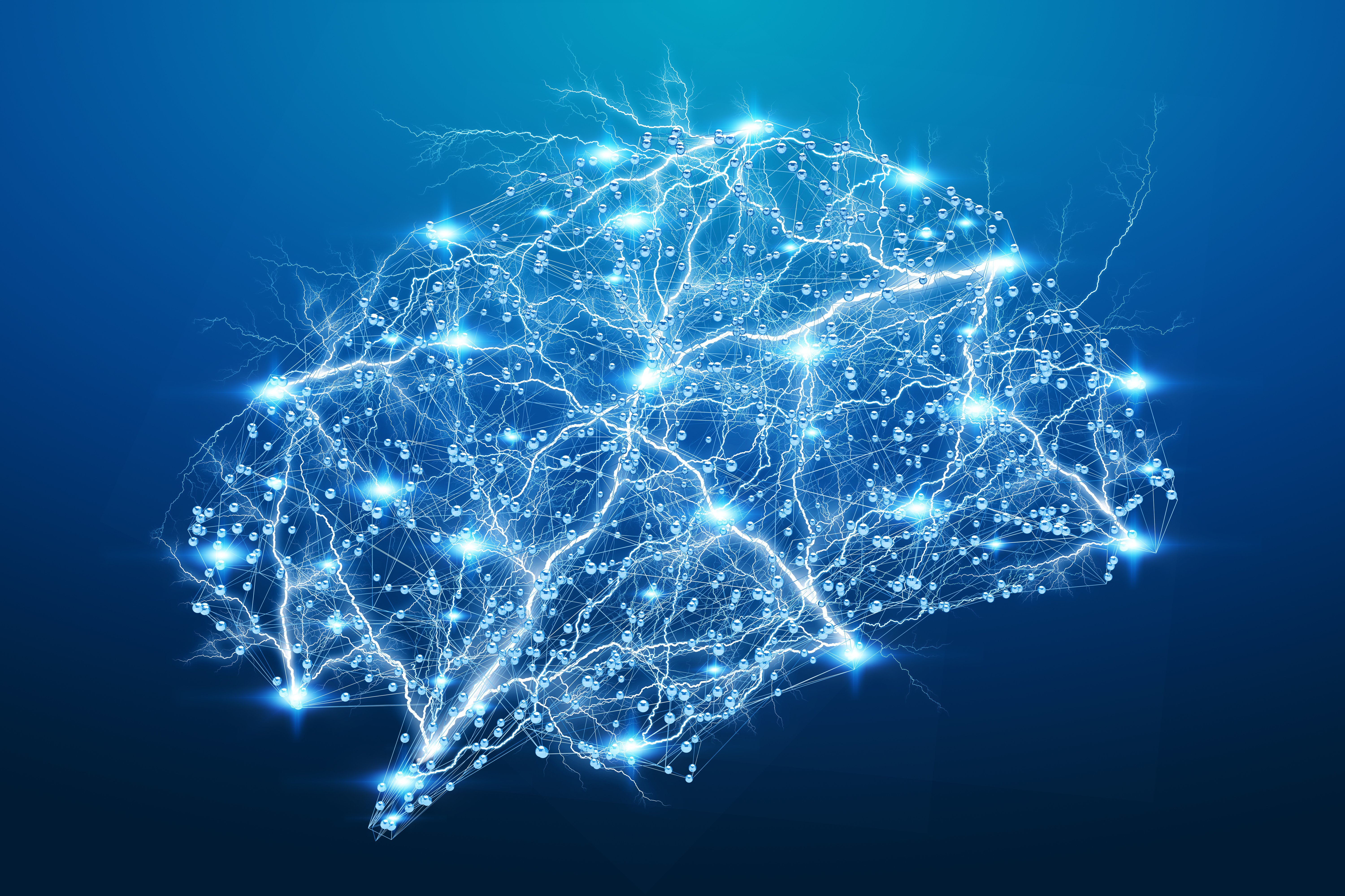 Digital X-ray brain on blue background neurons