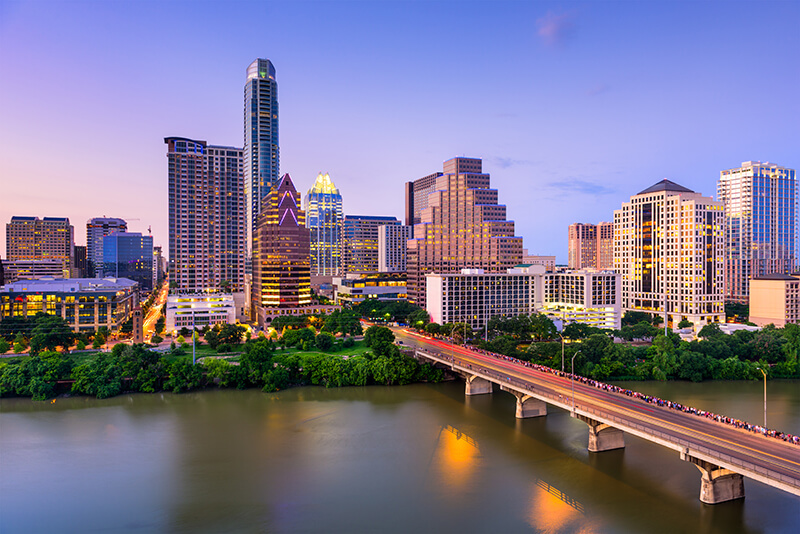 The skyline of Austin Texas over the Colorado River