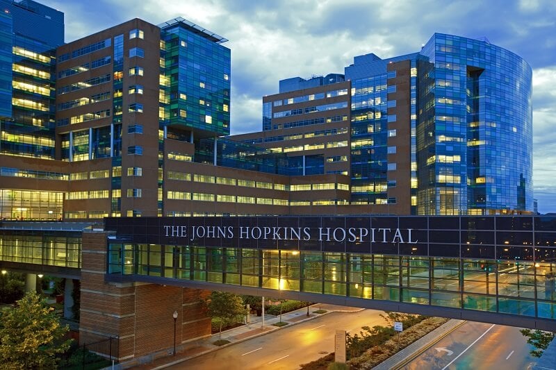 The Johns Hopkins Hospital at night from Orleans Street