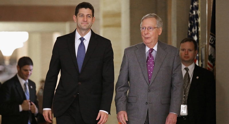 Speaker of the House Paul Ryan L and Senate Majority Leader Mitch McConnell R