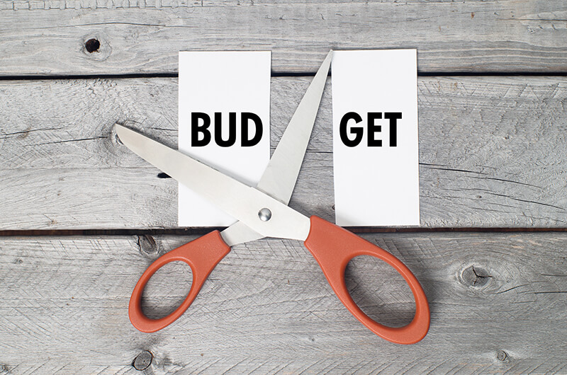 scissors cutting the word budget in half