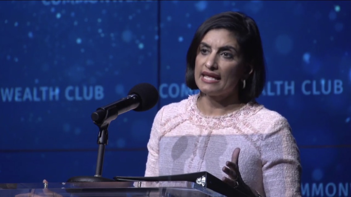 CMS Administrator Seema Verma speaking at a podium at the Commonwealth Fund on July 25 2018