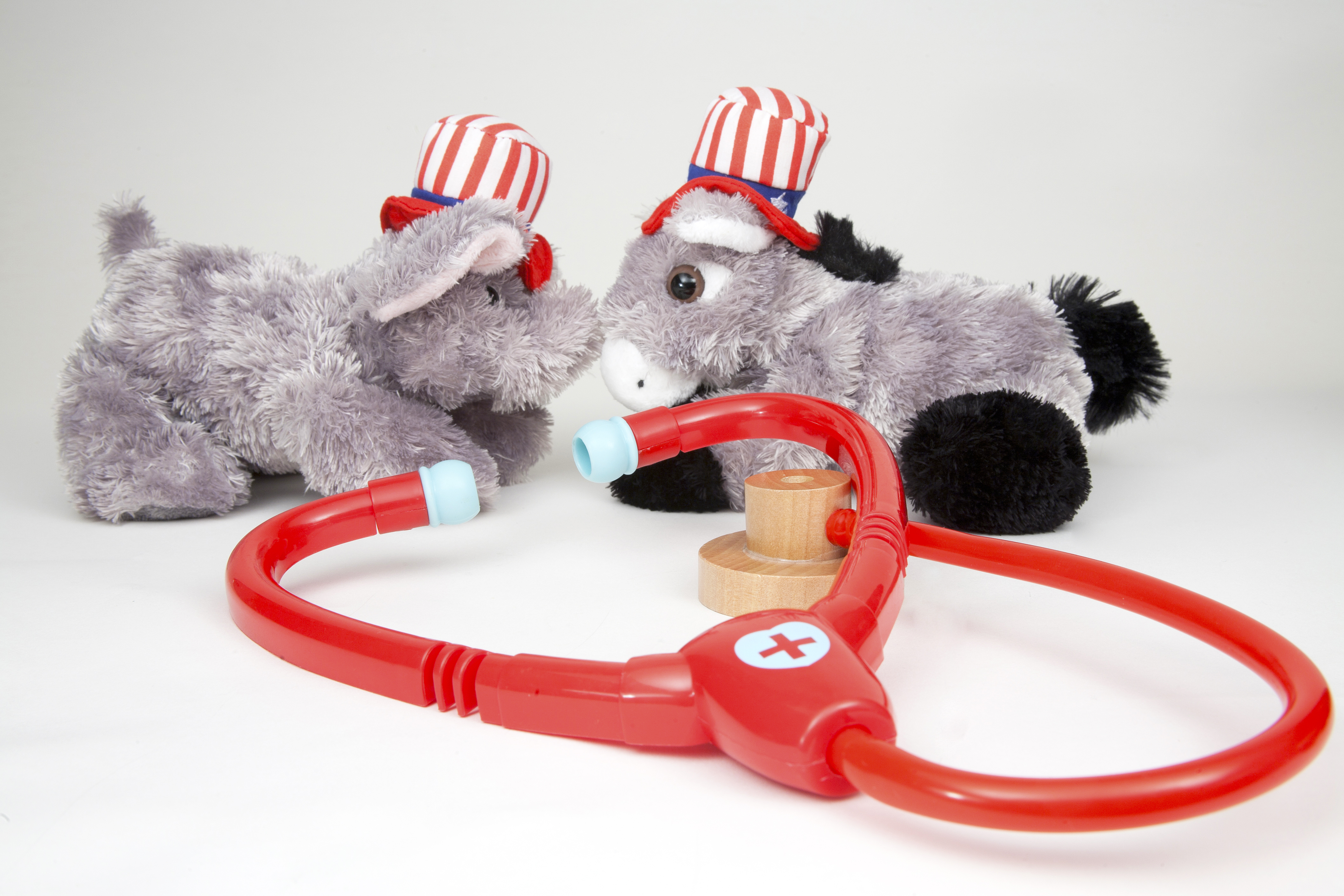 Stuffed elephant representing the Republican Party and stuffed donkey representing the Democratic Party in red white and blu