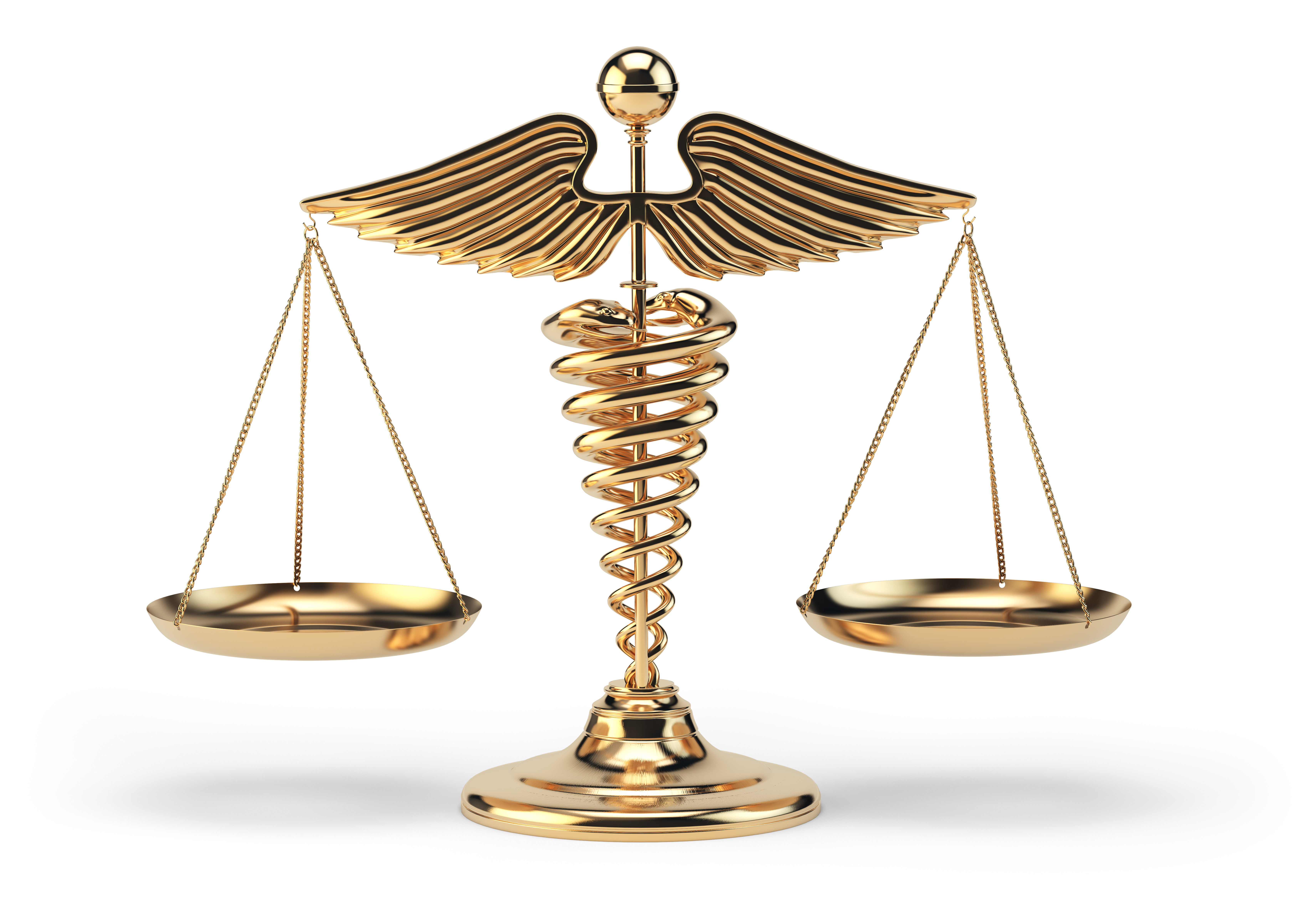Medical caduceus symbol staff of Hermes holding up legal scales