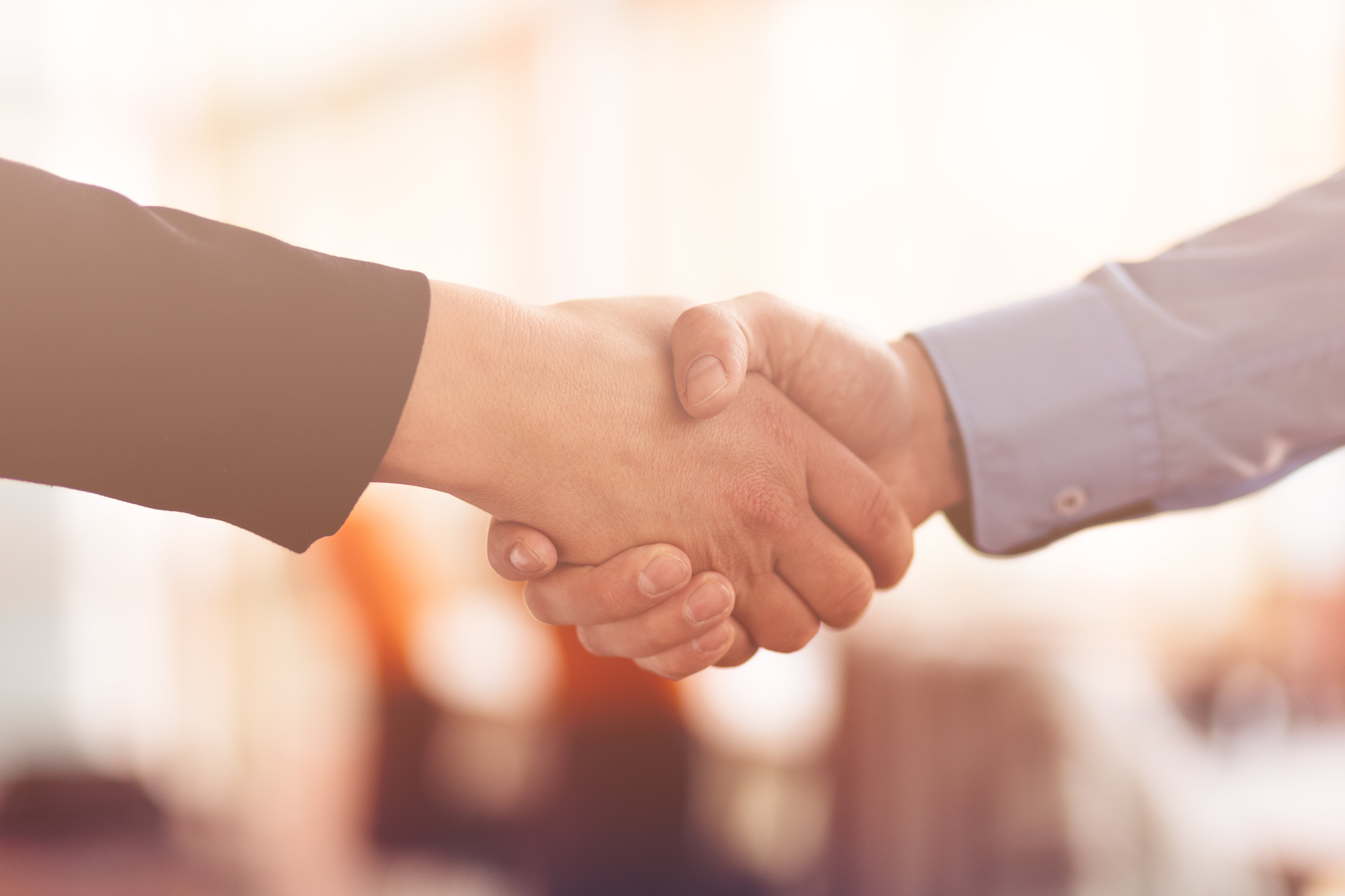 Close-up of handshake between person in suit and person in business shirt 