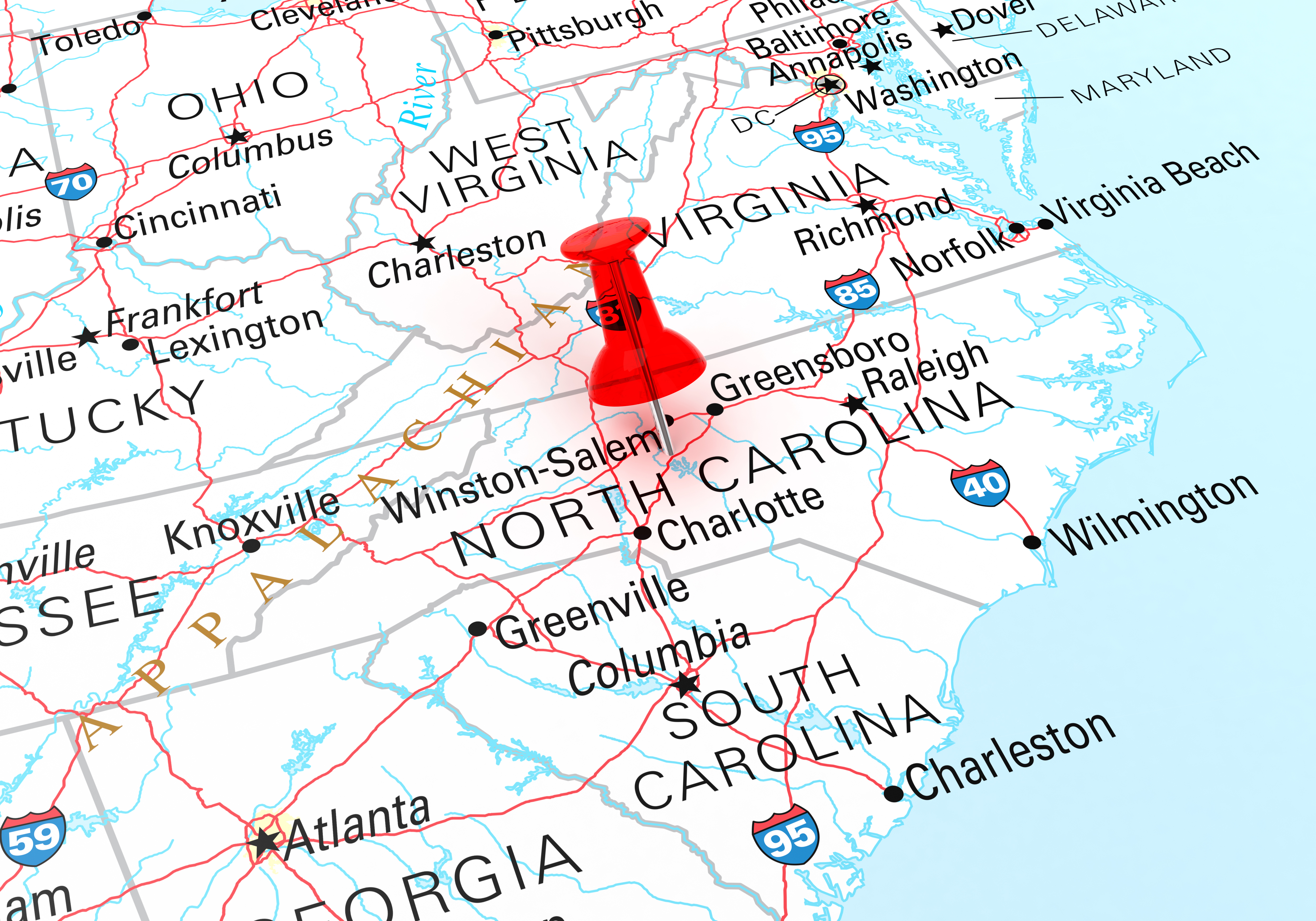Pushpin showing North Carolina on a map