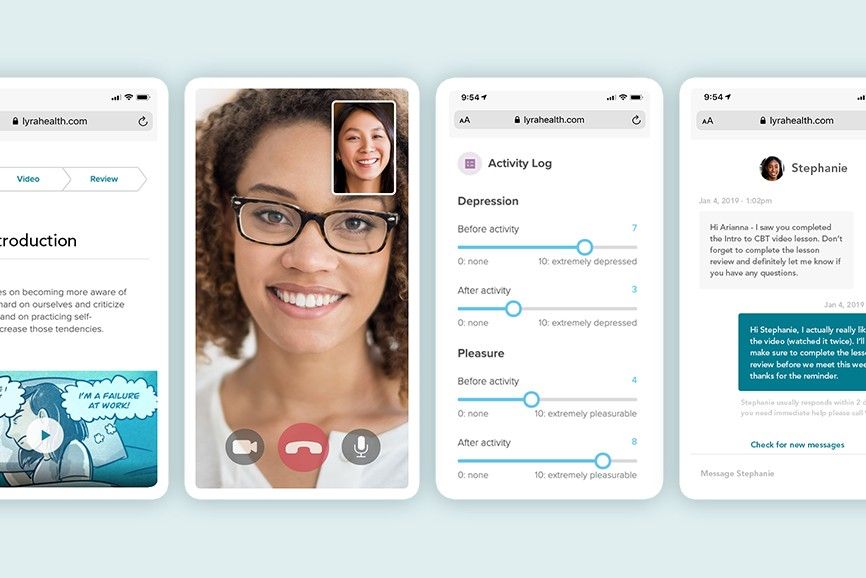 smartphone screens with screen shots of Lyra Healths virtual mental health tools