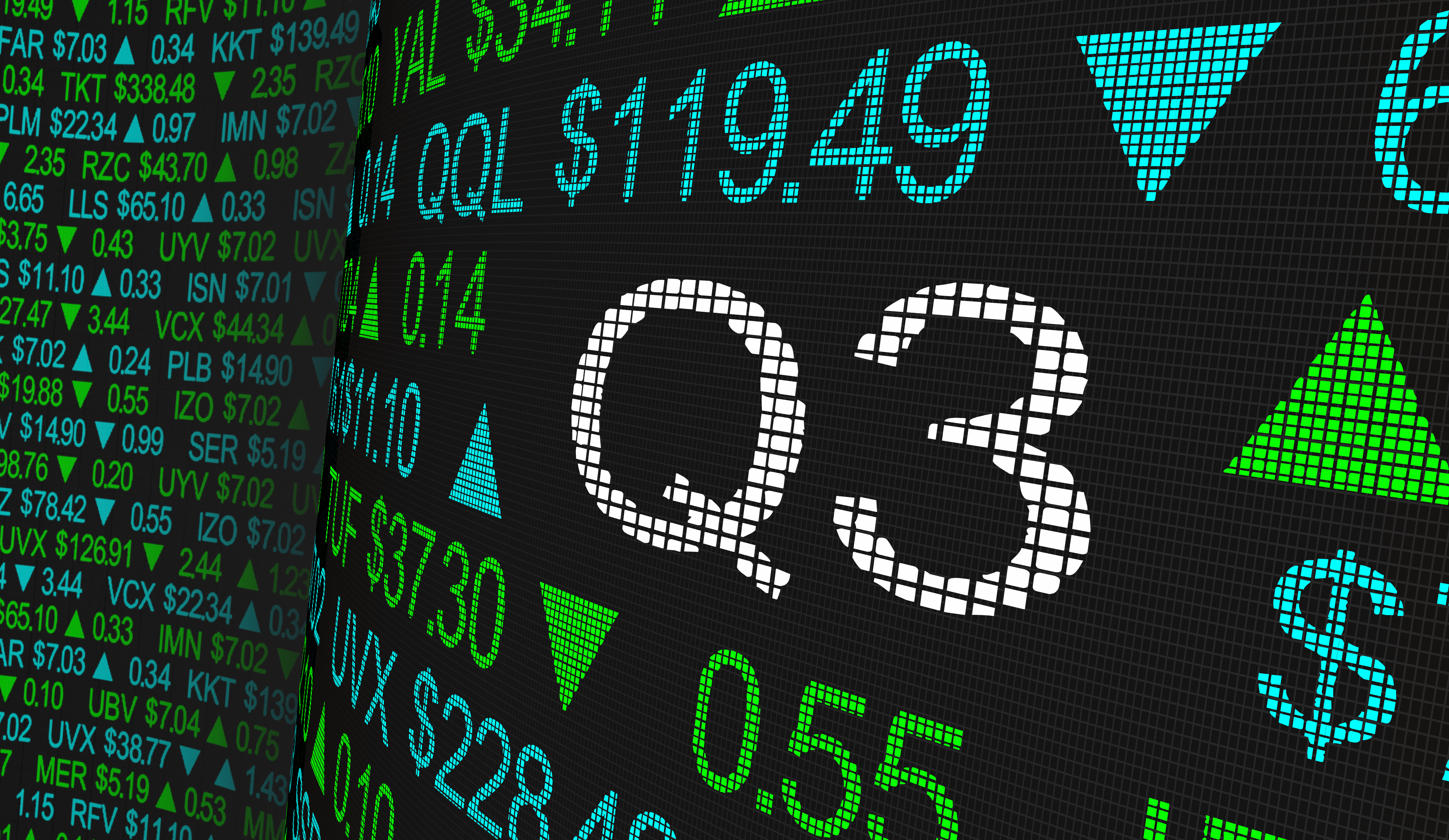 A stock ticker showing Q3 results