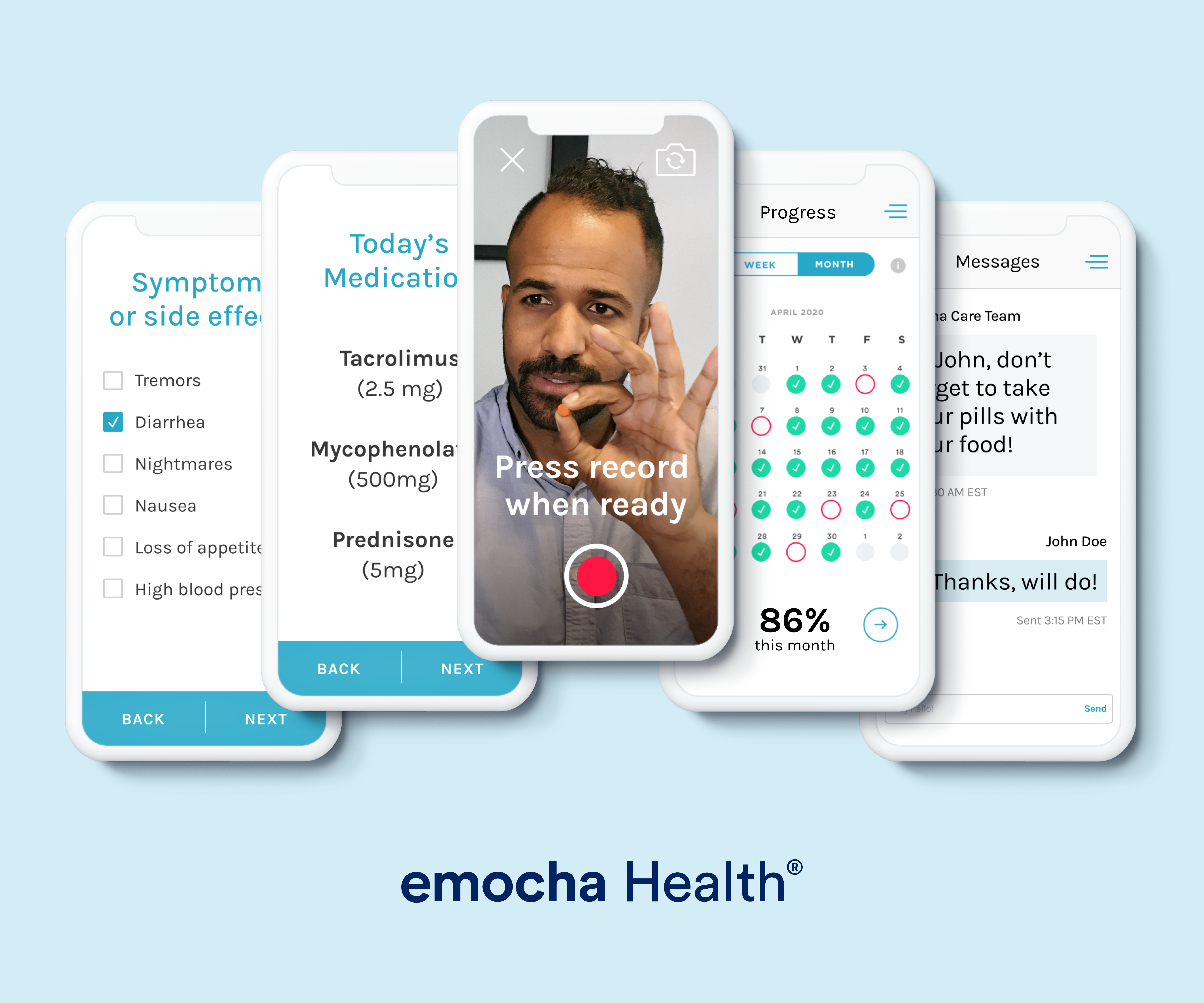 App shots of emocha Healths platform