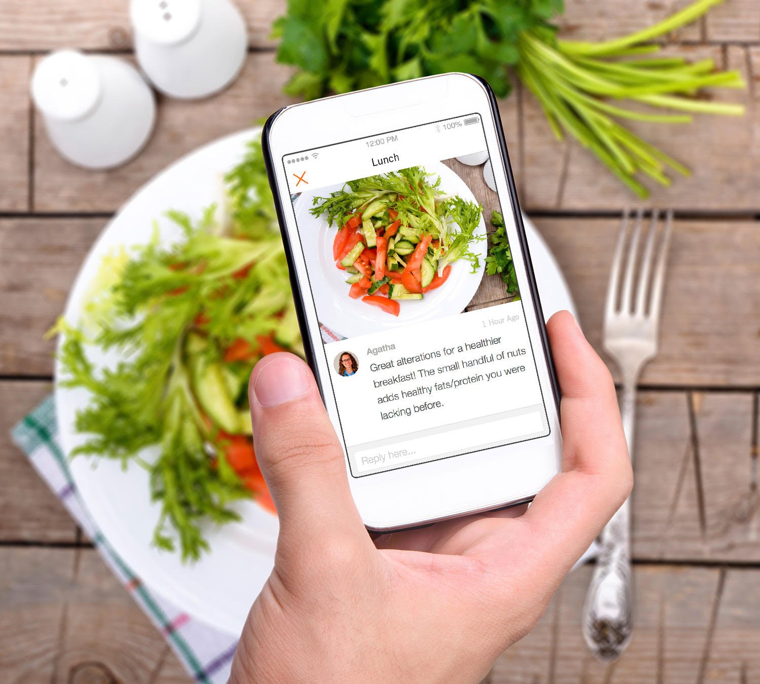 close-up of smartphone taking photo of a meal with screenshot of Yes Health weight loss digital solution