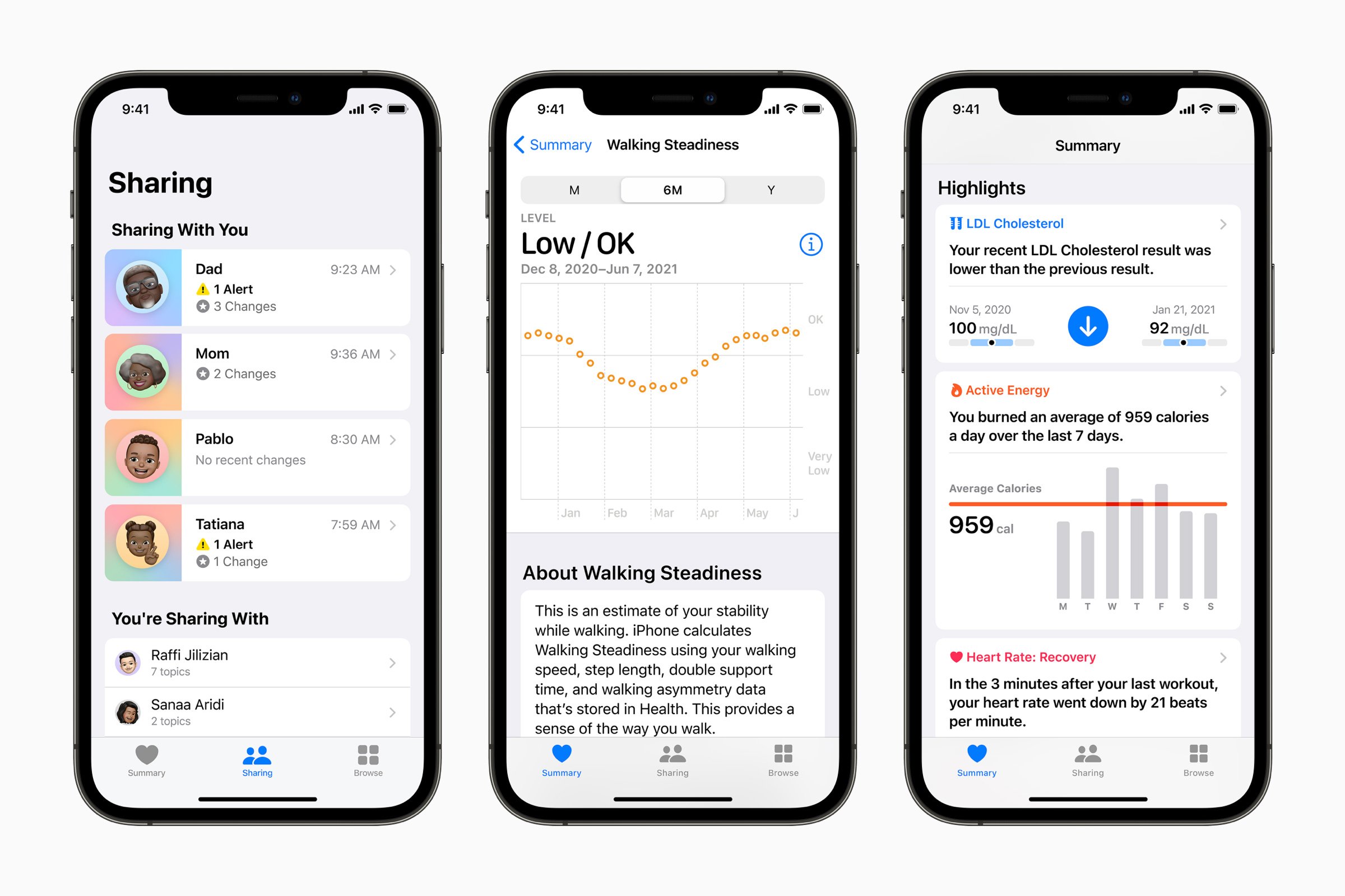 Screenshots of new health monitoring features coming to iPhones in 2021