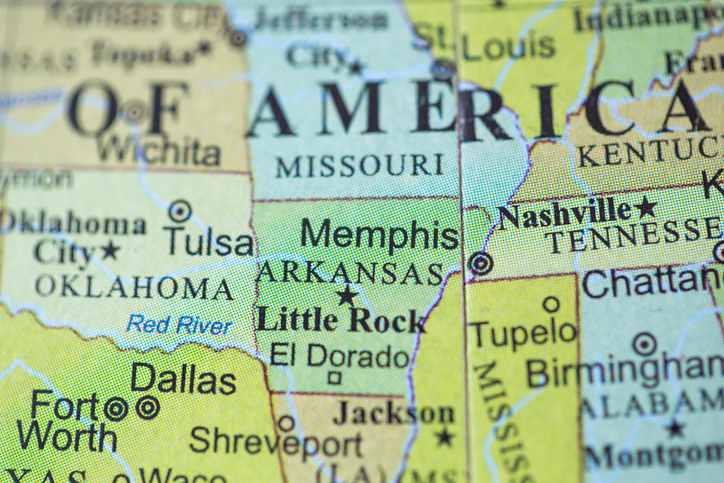 Arkansas highlighted on a map of the US