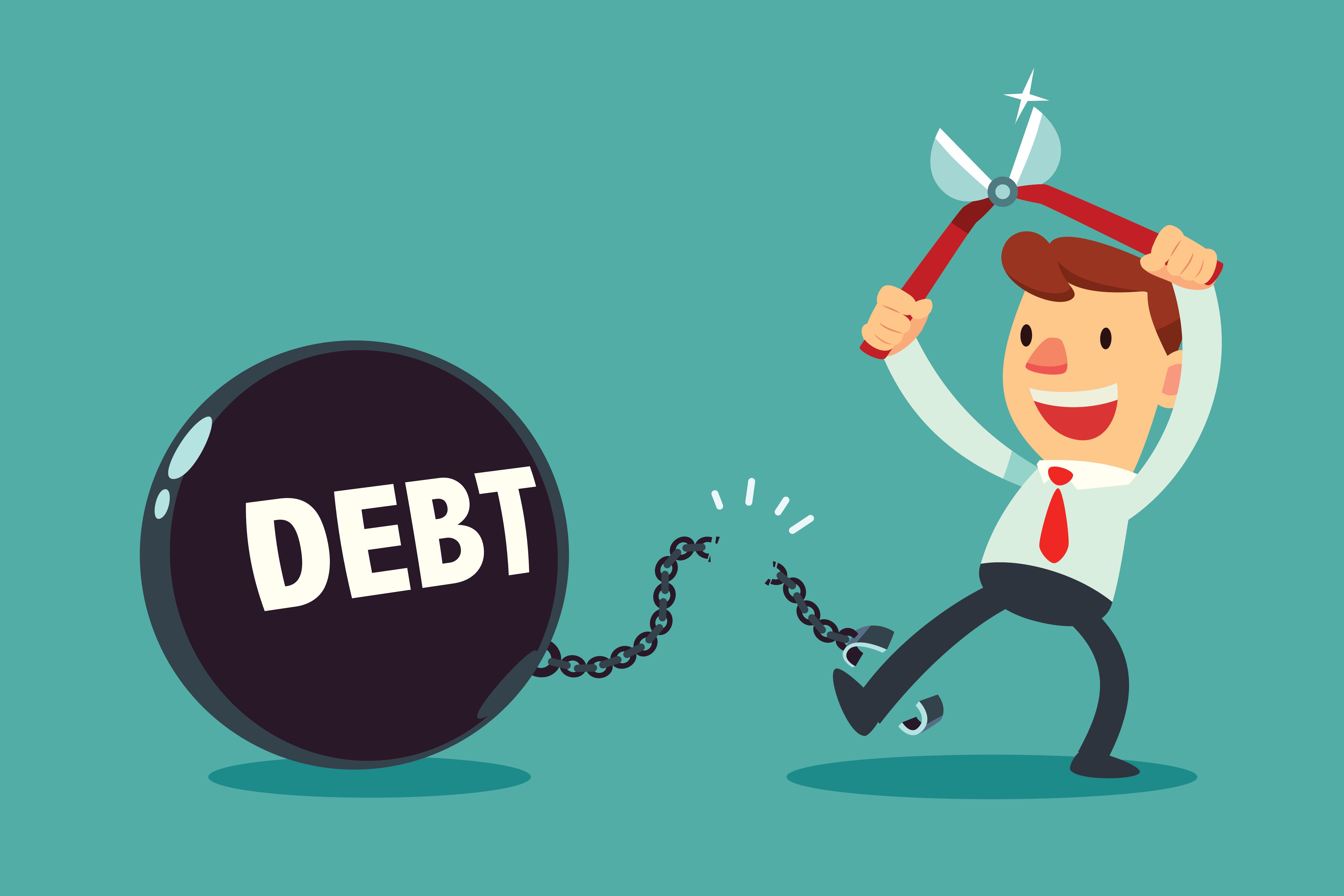 Illustration of man cutting himself free from a chain attached to a ball that says debt