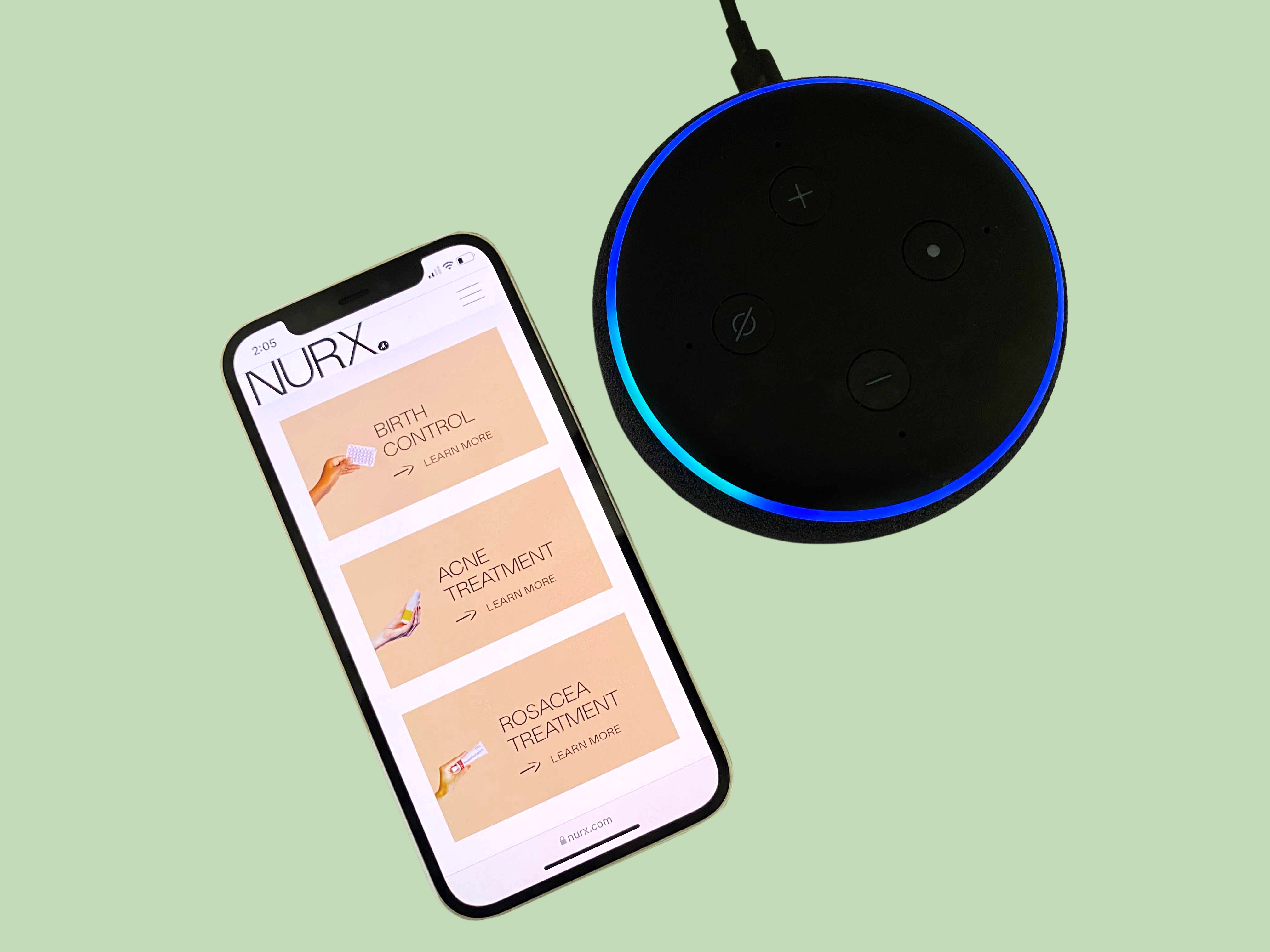 smartphone with screenshot of Nurx app and Amazon Alexa device