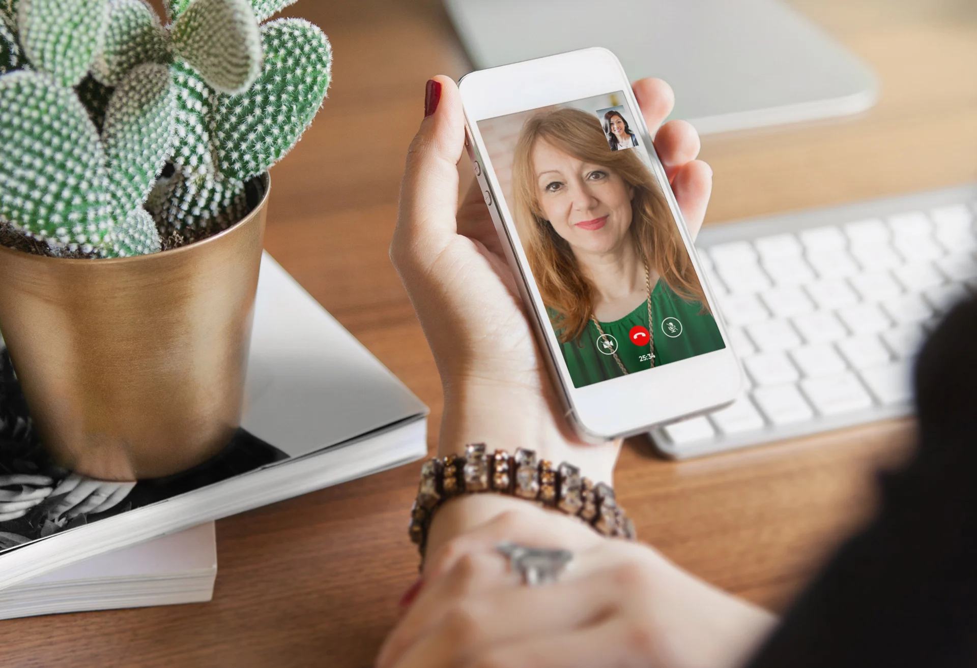 woman holding smartphone and speaking with virtual mental health coach