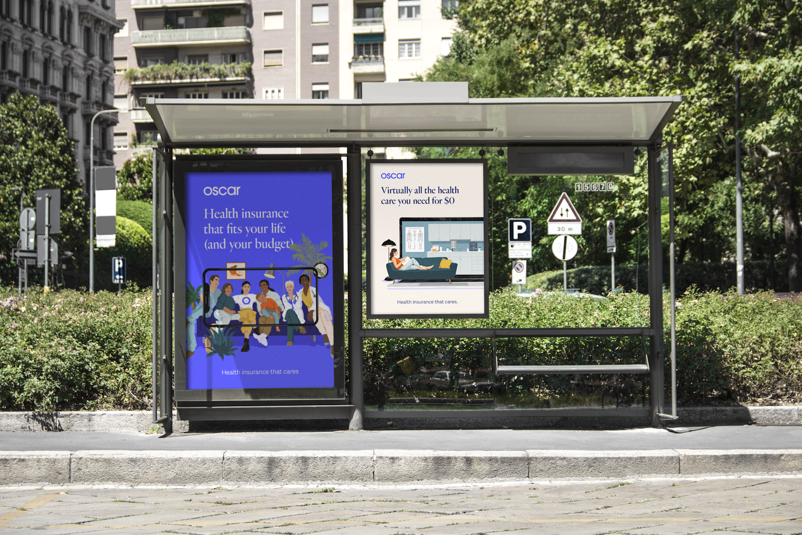 A bus stop displaying advertisements for Oscar Health