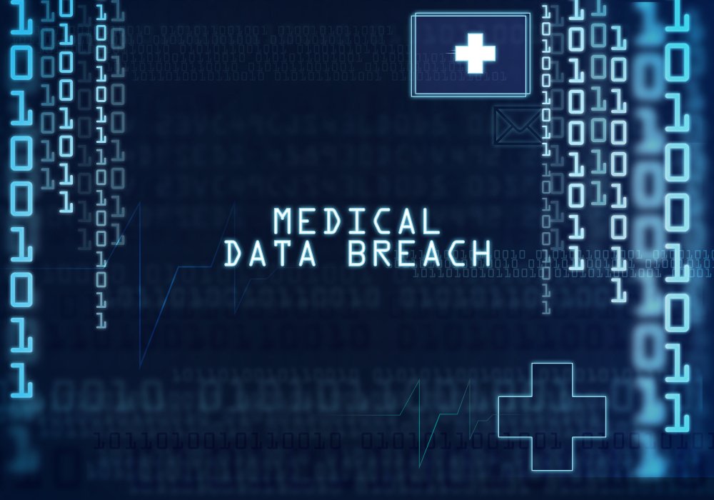 illustration of healthcare cybersecurity with text medical data breach on a digital screen