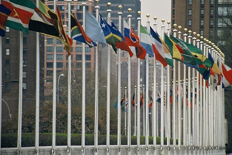 United Nations flags flying in session
