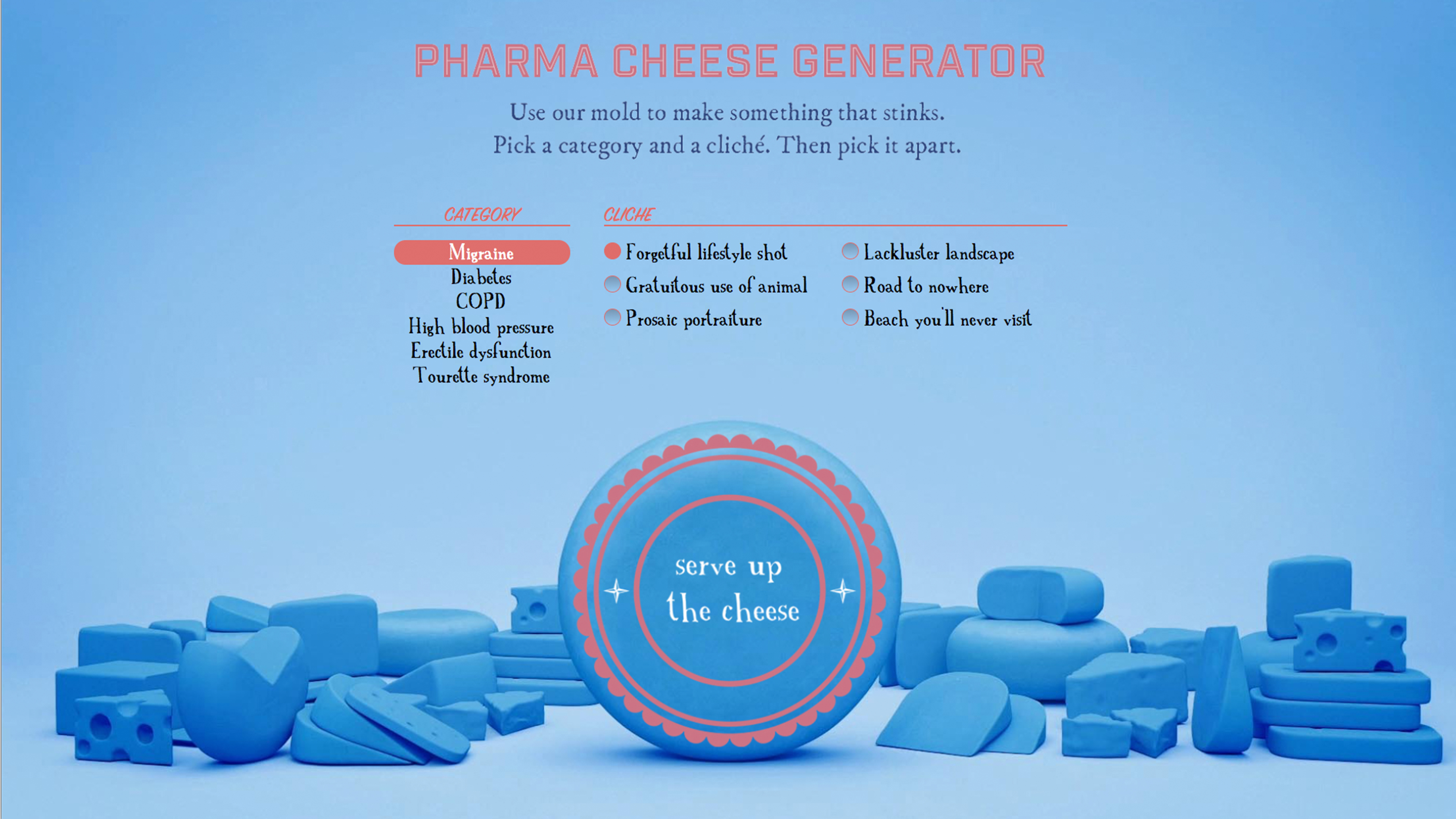 FCB Health agency Neons pharma cheese ad generator screen shot