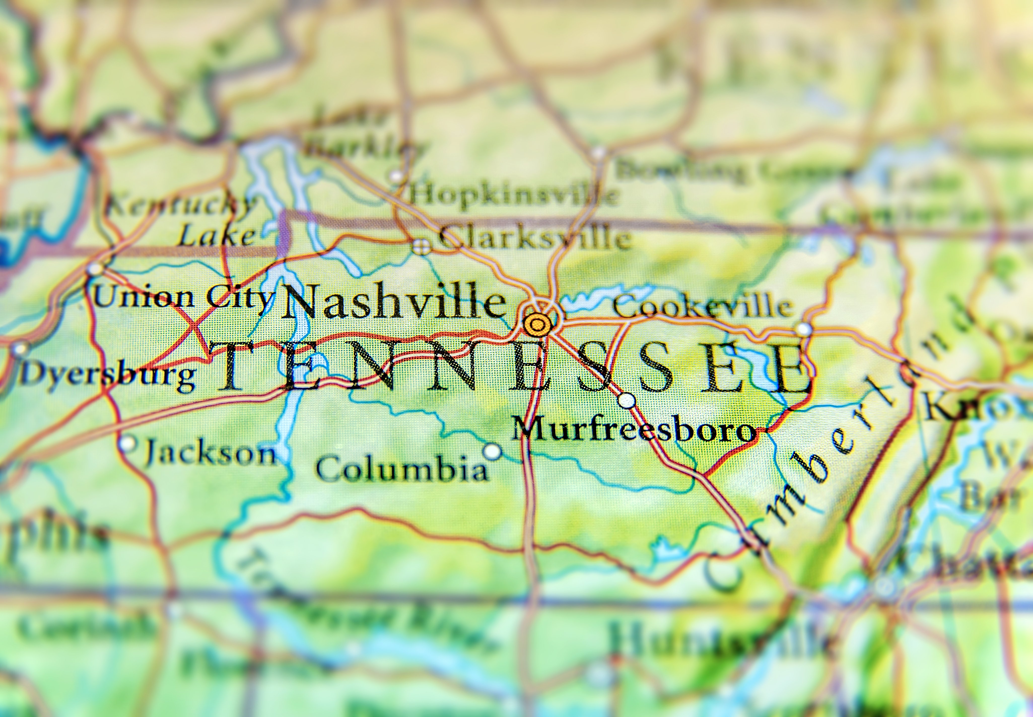 A map showing the state of Tennessee