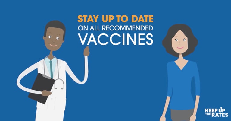 Animated doctor and patient and reminder to stay up to date on vaccines