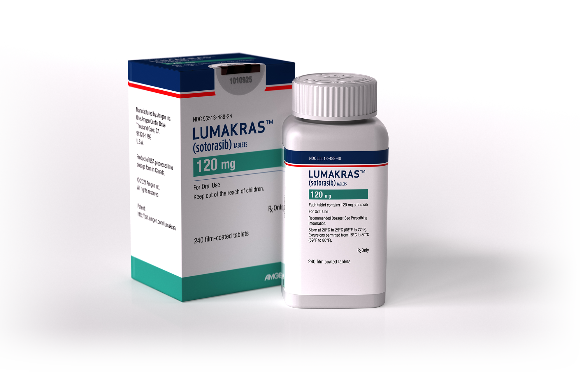 Box and bottle of Lumakras KRAS cancer drug from Amgen